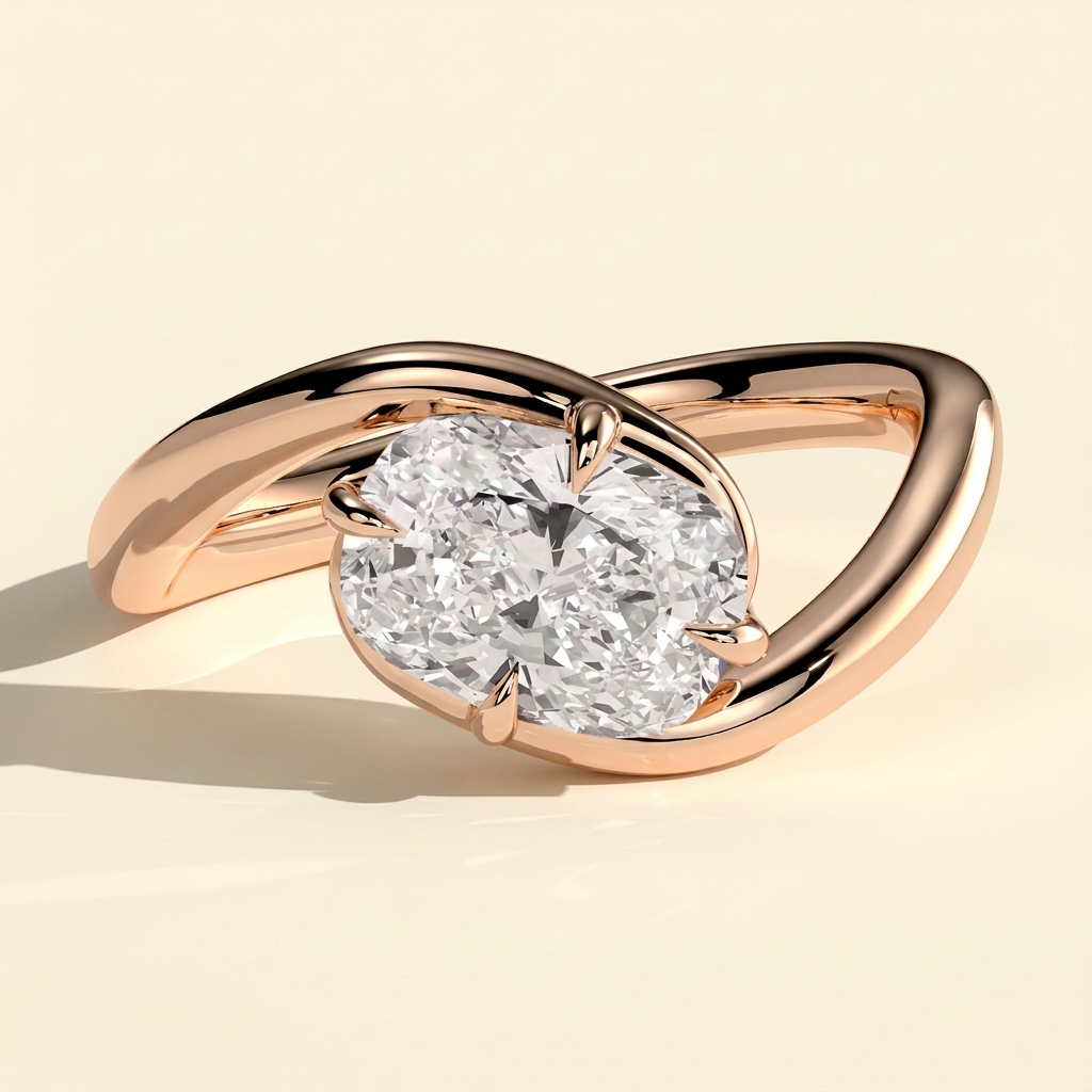 The Fleura - Elongated Cushion Cut Lab Grown Diamond East West Solitaire with Twisting Bypass Band Engagement Ring