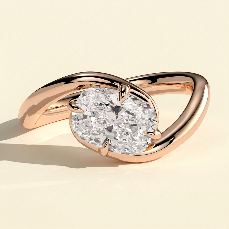 The Fleura - Elongated Cushion Cut Lab Grown Diamond East West Solitaire with Twisting Bypass Band Engagement Ring - Rose Gold