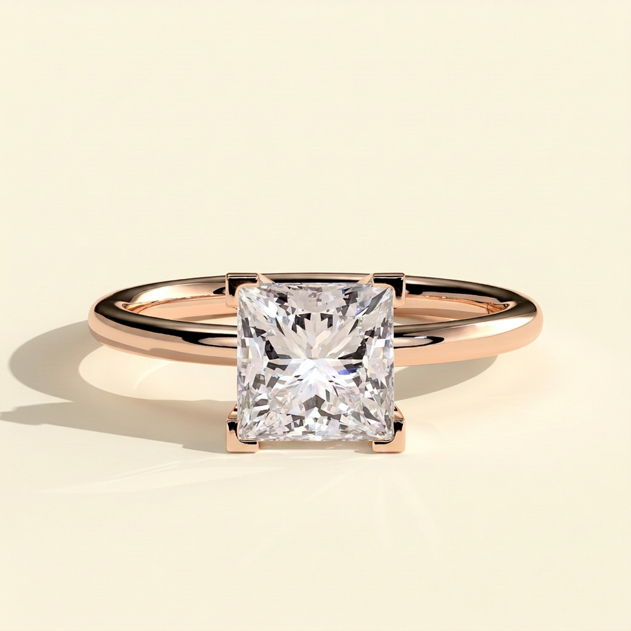 The Flore - Princess Cut Lab Grown Diamond Square Claw Basket Set Solitaire Engagement Ring - Rose Gold