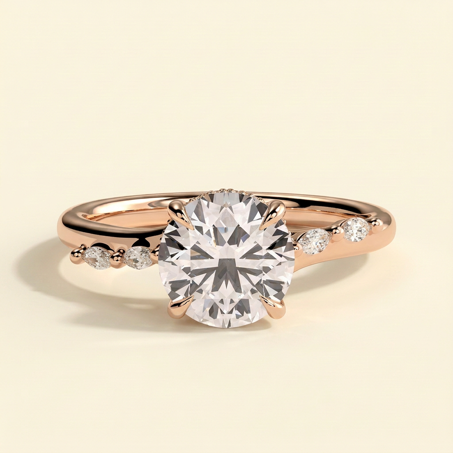 The Stelle - Round Cut Lab Grown Diamond Hidden Halo Solitaire with Opposing Marquise Accent Band Engagement Ring - Rose Gold