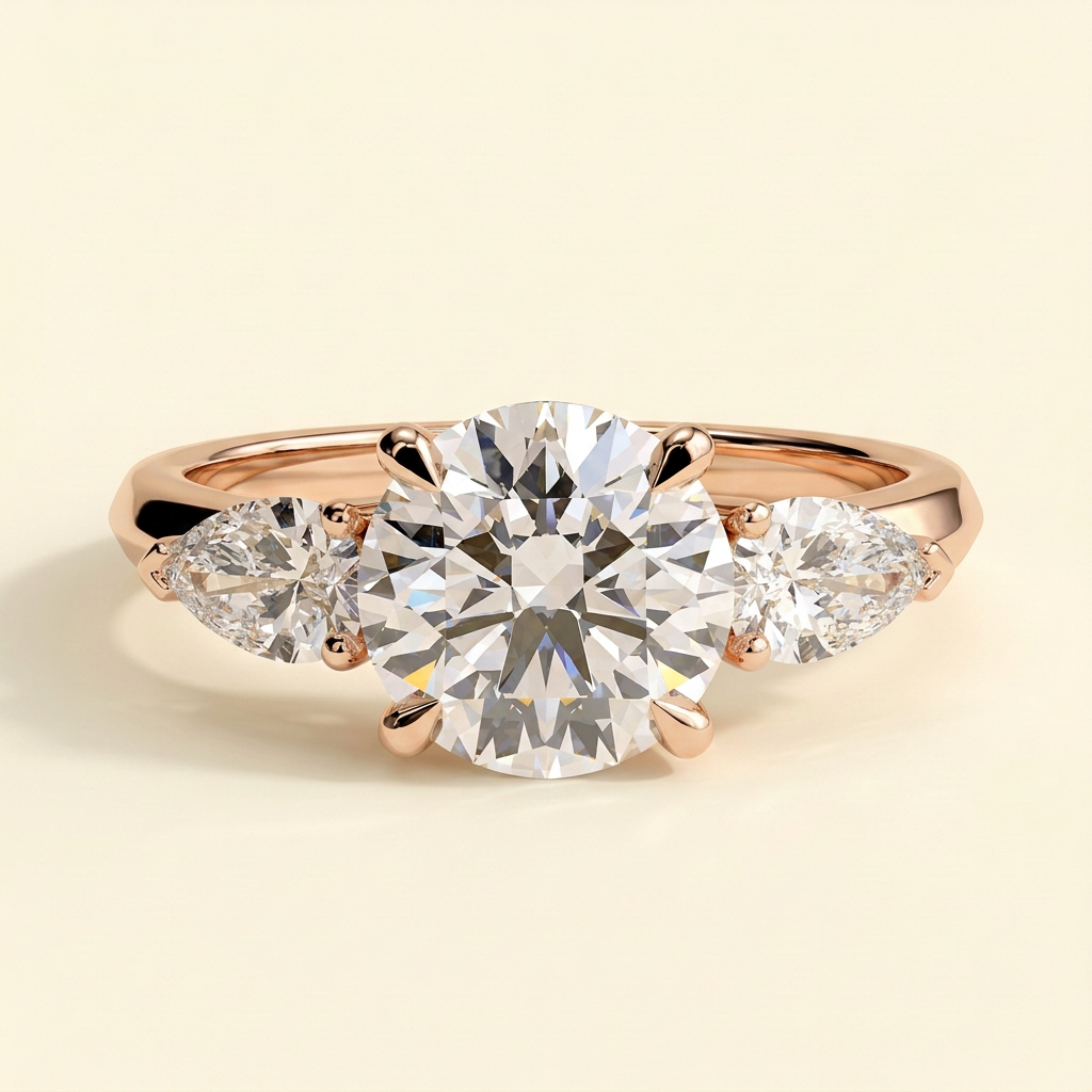 The Regalia - Round Cut Lab Grown Diamond Three Stone Engagement Ring with Pear Side Stones