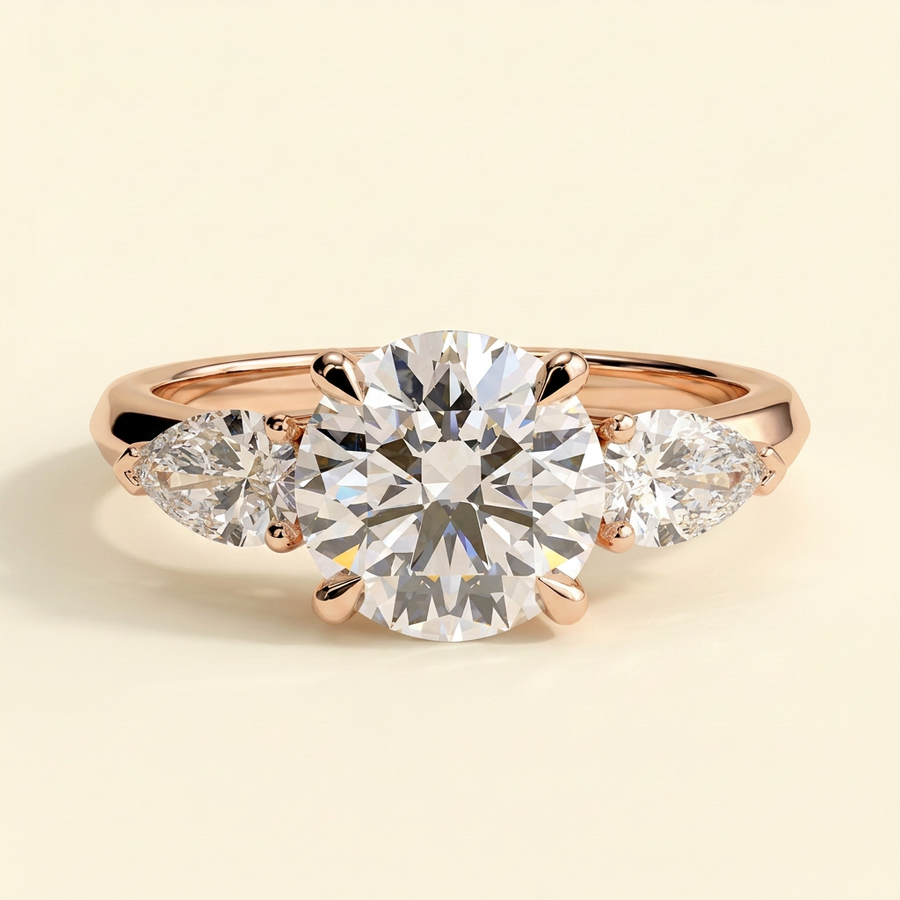 The Regalia - Round Cut Lab Grown Diamond Three Stone Engagement Ring with Pear Side Stones - Rose Gold