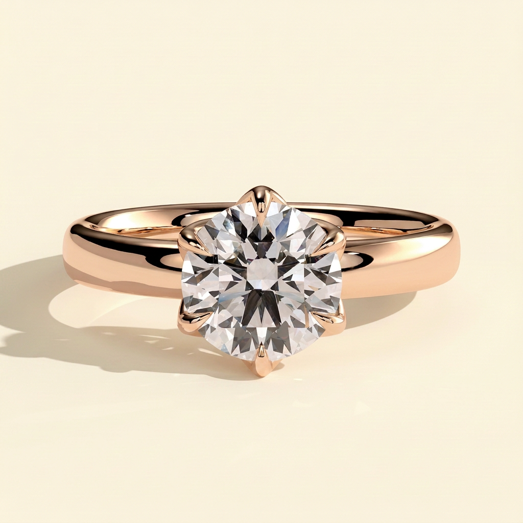 The Rina - Round Cut Lab Grown Diamond Low Set Solitaire with Petal Claws and Cigar Band