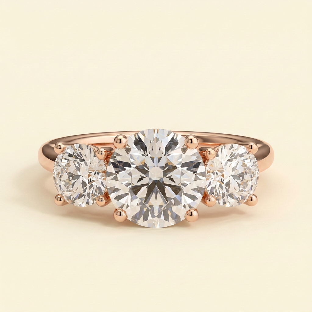 The Soline - Round Cut Lab Grown Diamond Claw Set Three Stone with Round Side Stones Engagement Ring