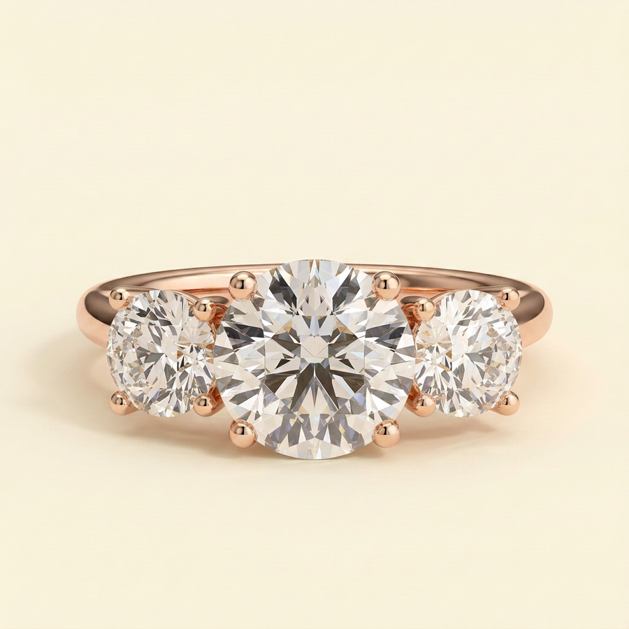 The Soline - Round Cut Lab Grown Diamond Claw Set Three Stone with Round Side Stones Engagement Ring - Rose Gold