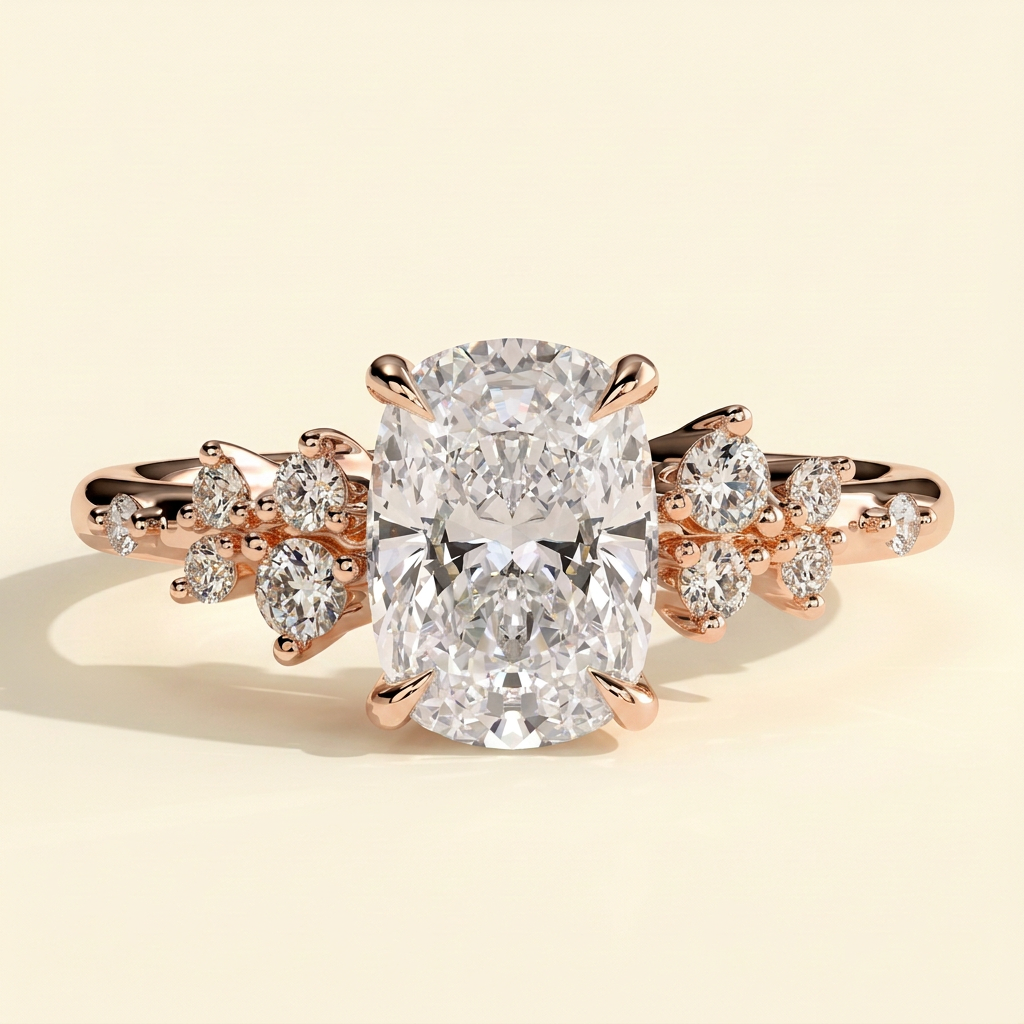 The Oriana - Elongated Cushion Cut Lab Grown Diamond Solitaire with Clustered Round Shoulder Stones Engagement Ring