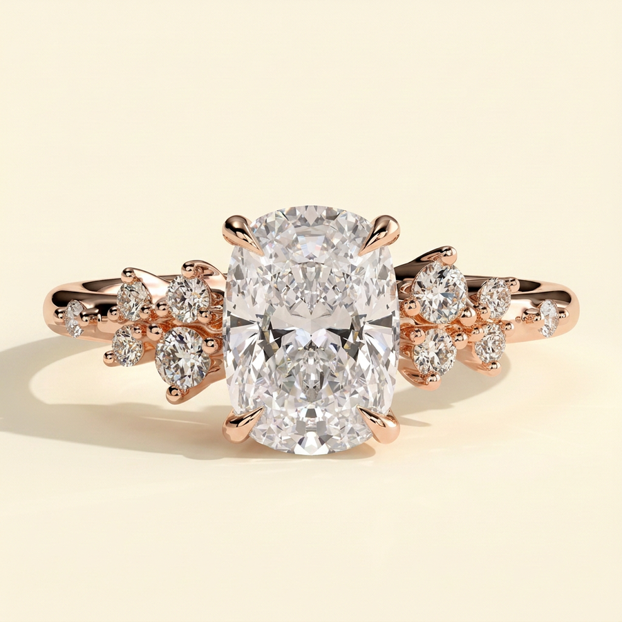 The Oriana - Elongated Cushion Cut Lab Grown Diamond Solitaire with Clustered Round Shoulder Stones Engagement Ring - Rose Gold