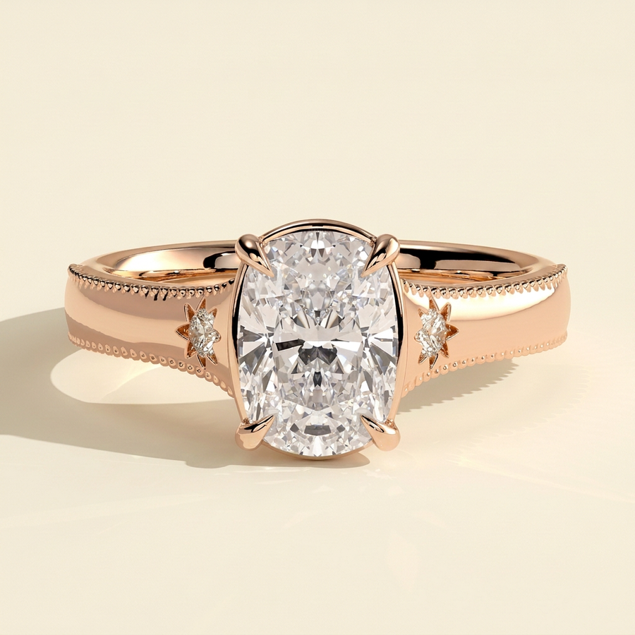 The Elysse - Elongated Cushion Cut Lab Grown Diamond Vintage Bezel Solitaire with Star Set Accents and Milgrain Engagement Ring - Rose Gold