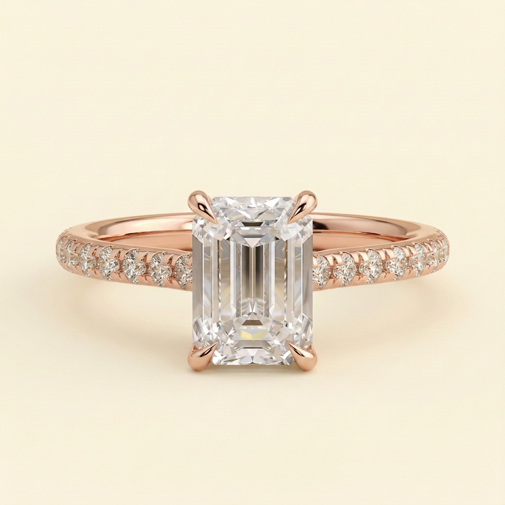 The Tamsin - Emerald Cut Lab Grown Diamond Cathedral Solitaire with Hidden Halo and Pave Band Engagement Ring