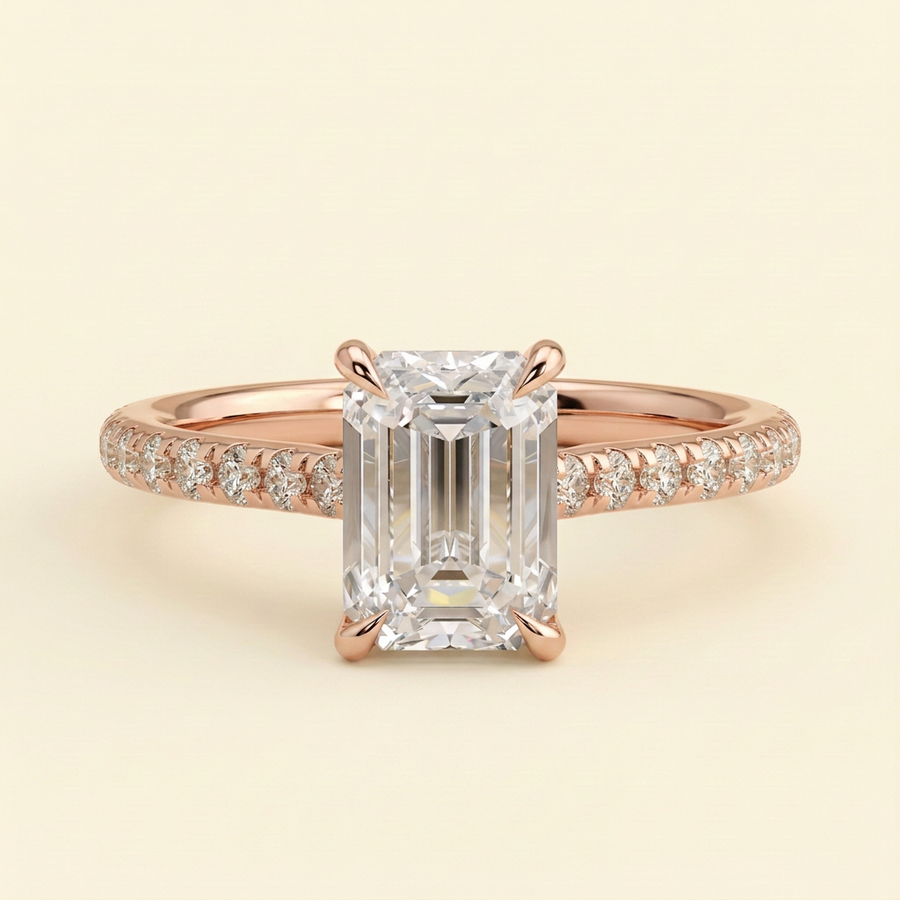 The Tamsin - Emerald Cut Lab Grown Diamond Cathedral Solitaire with Hidden Halo and Pave Band Engagement Ring - Rose Gold
