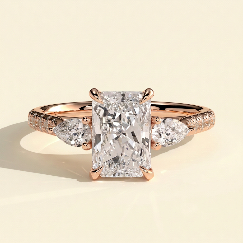 The Riviera - Radiant Cut Lab Grown Diamond Trilogy Ring with Pear Side Stones and Pave Band