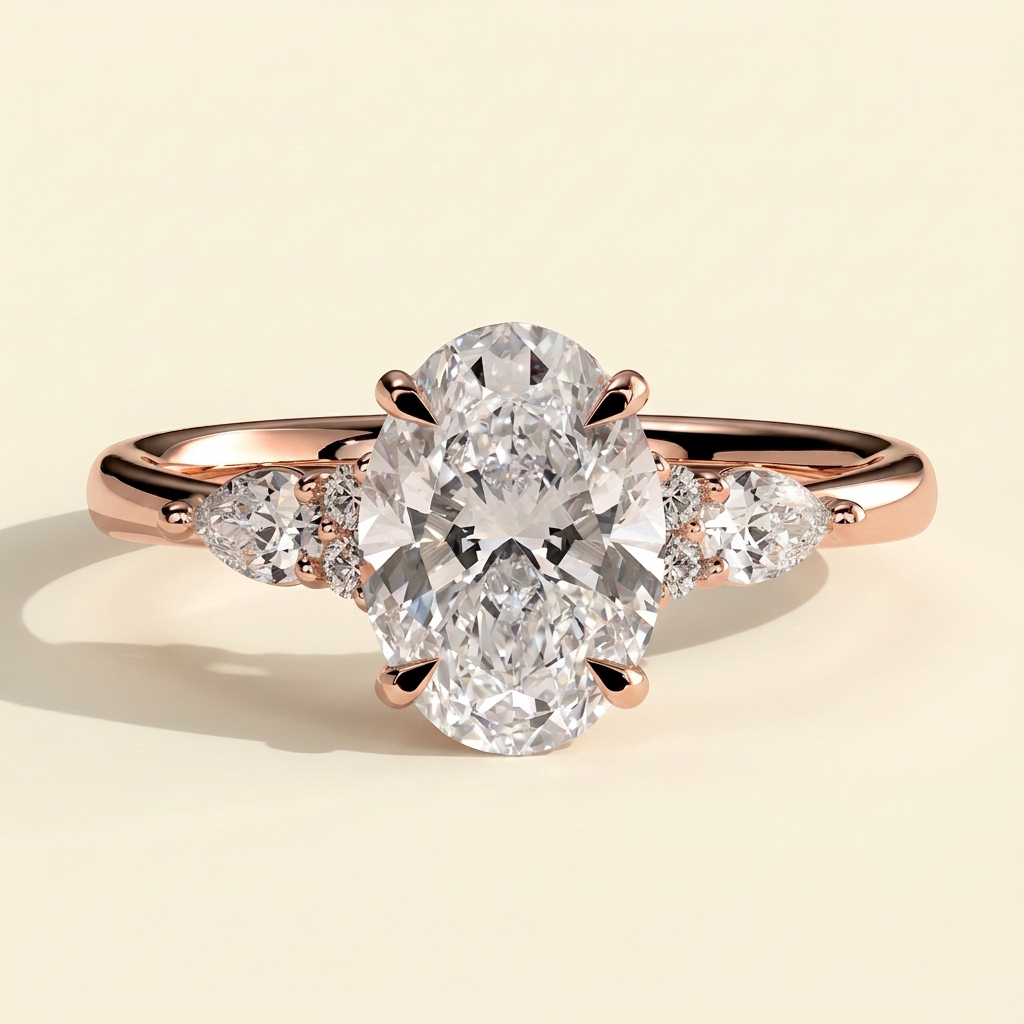 The Rialta - Oval Cut Lab Grown Diamond Three Stone Engagement Ring with Pear and Round Side Stones