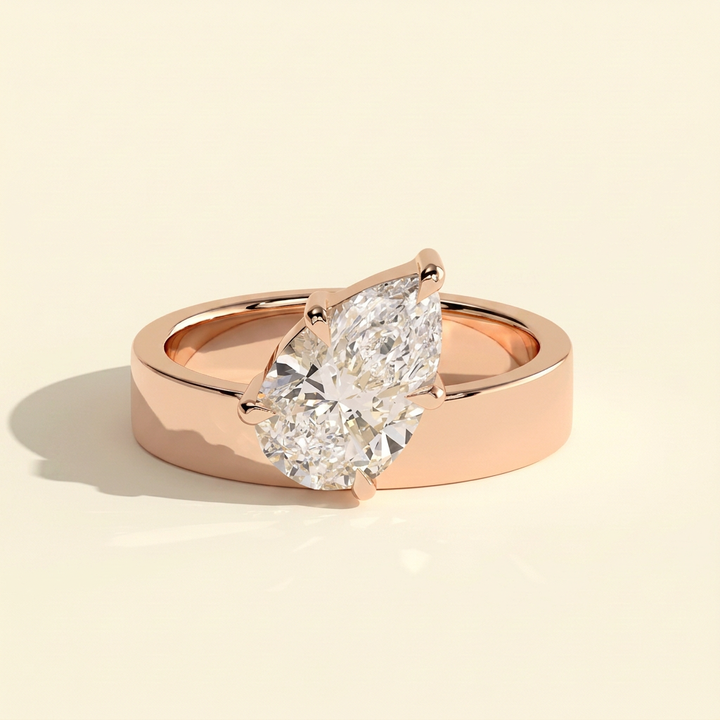 The Carina - Pear Cut Lab Grown Diamond Offset Angled Solitaire with Flat Cigar Band Engagement Ring