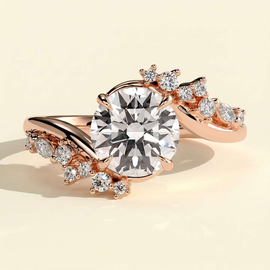 The Selene - Round Cut Lab Grown Diamond Vine Inspired Bypass Solitaire with Clustered Accent Stones Engagement Ring - Rose Gold