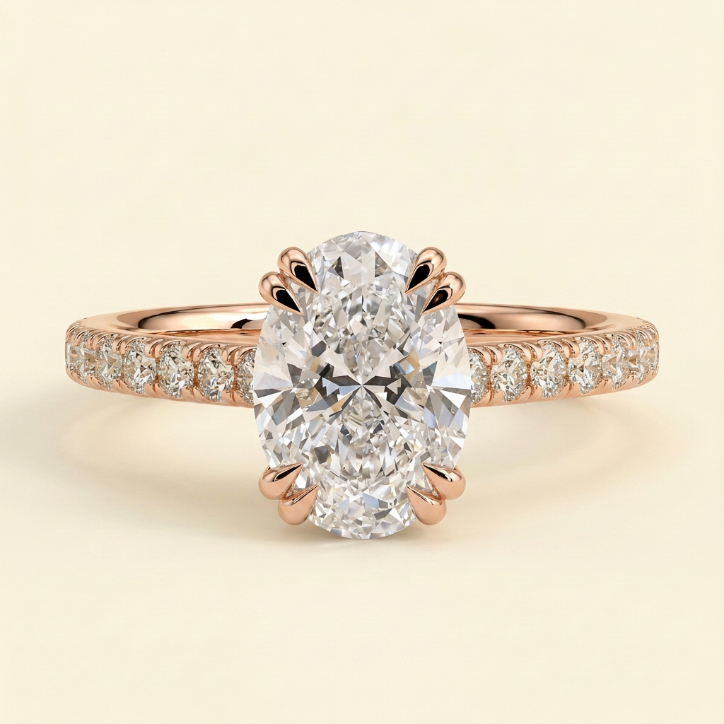 The Arvelle - Oval Cut Lab Grown Diamond Double Claw Solitaire with Hidden Halo and Pave Band Engagement Ring