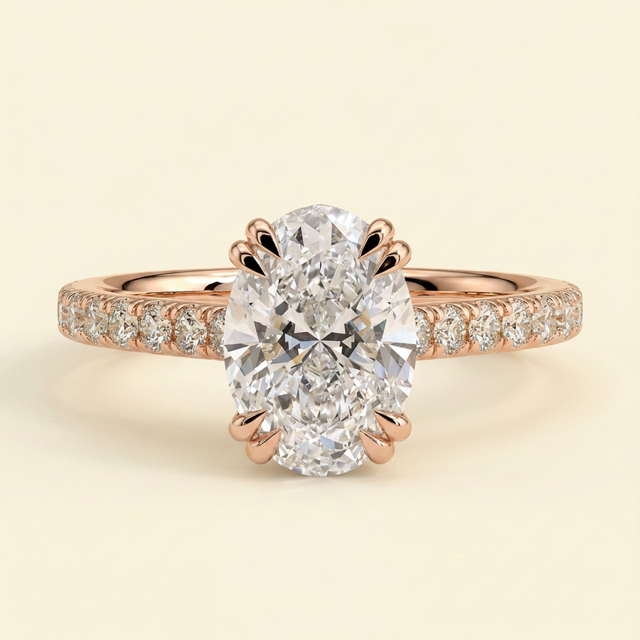 The Arvelle - Oval Cut Lab Grown Diamond Double Claw Solitaire with Hidden Halo and Pave Band Engagement Ring - Rose Gold