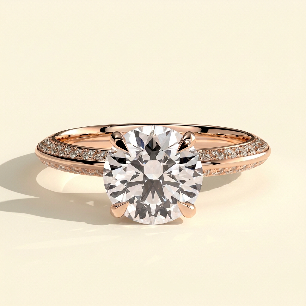 The Zaria - Round Cut Lab Grown Diamond Hidden Halo Solitaire with Knife Edge Pave Band Engagement Ring