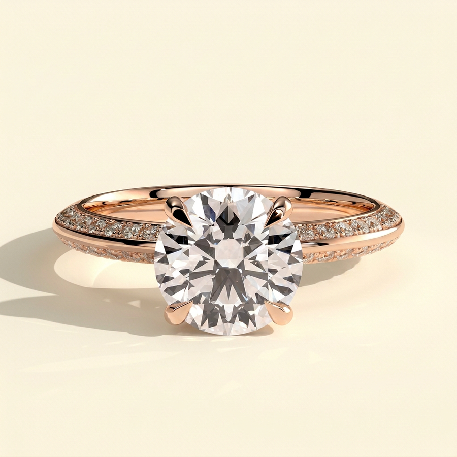 The Zaria - Round Cut Lab Grown Diamond Hidden Halo Solitaire with Knife Edge Pave Band Engagement Ring - Rose Gold