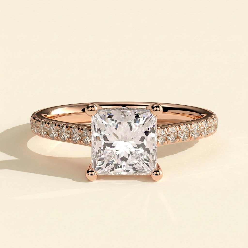 The Tivona - Princess Cut Lab Grown Diamond Four Claw Solitaire with Hidden Halo and Pave Band Engagement Ring