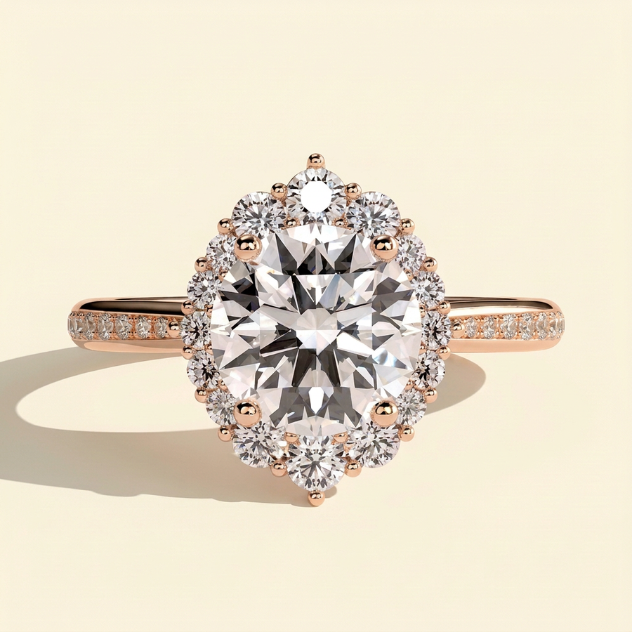 The Halia - Round Cut Lab Grown Diamond Vintage Halo Engagement Ring with Bead Set Micropave Band - Rose Gold
