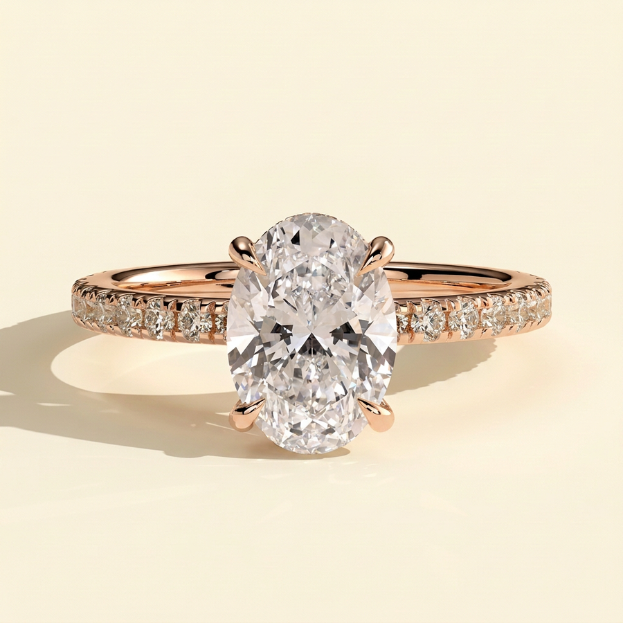 The Finelle - Oval Cut Lab Grown Diamond Solitaire with Wrap Around Hidden Halo Ring - Rose Gold