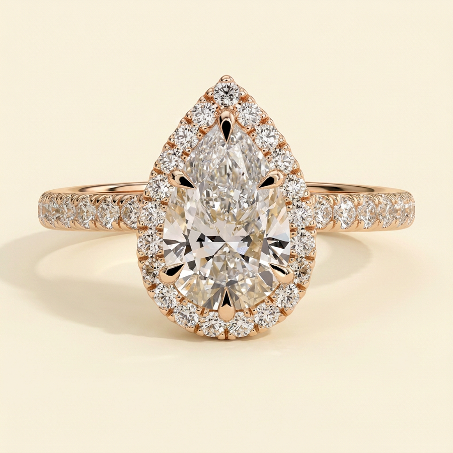 The Calla - Pear Cut Lab Grown Diamond Six Claw Halo Engagement Ring with Pave Band - Rose Gold