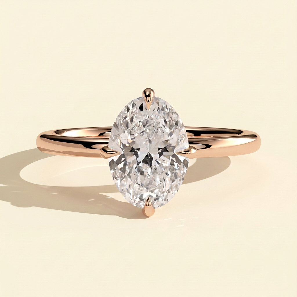 The Joelle - Oval Cut Lab Grown Diamond Compass Set Claw Solitaire with Hidden Halo Engagement Ring