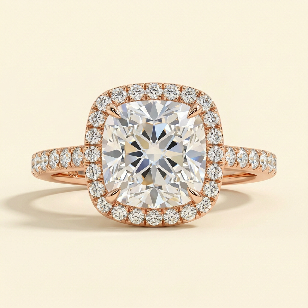The Brillia - Cushion Cut Lab Grown Diamond Halo Engagement Ring with Pave Band