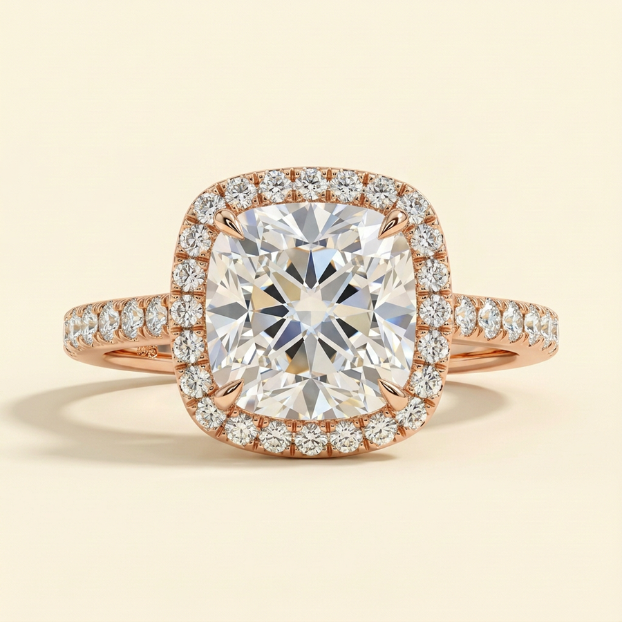 The Brillia - Cushion Cut Lab Grown Diamond Halo Engagement Ring with Pave Band - Rose Gold