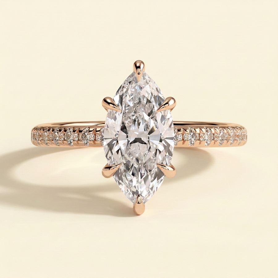 The Farelle - Marquise Cut Lab Grown Diamond Hidden Halo Solitaire with Pave Band Engagement Ring - Rose Gold