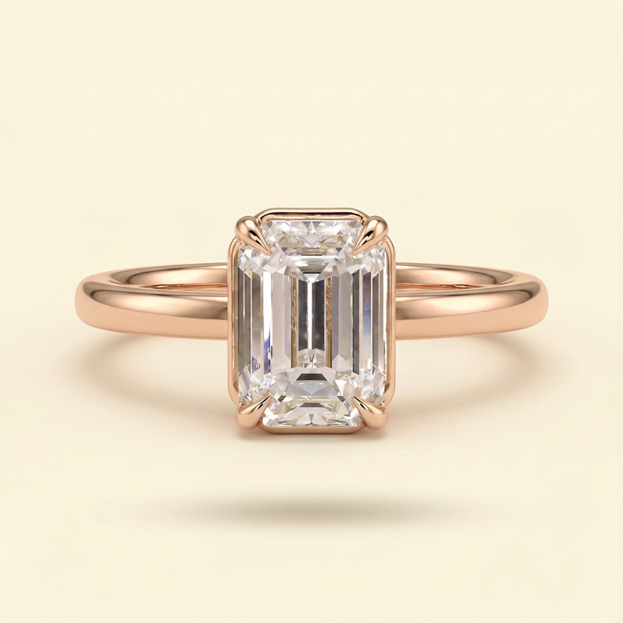 The Coralie - Emerald Cut Lab Grown Diamond Low Set Solitaire with Bezel Frame Engagement Ring - Rose Gold