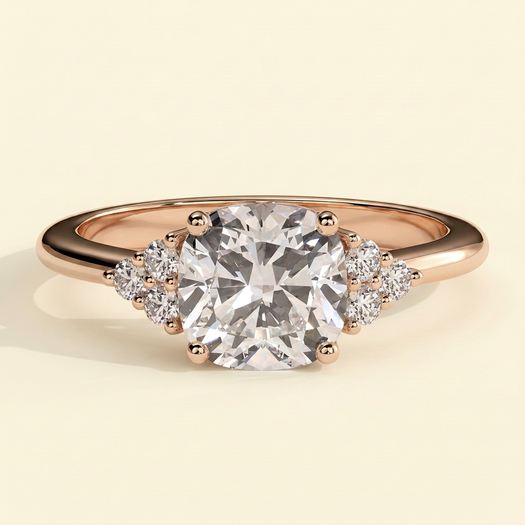 The Starla - Cushion Cut Lab Grown Diamond Four Claw Low Set Solitaire with Round Side Stones Engagement Ring