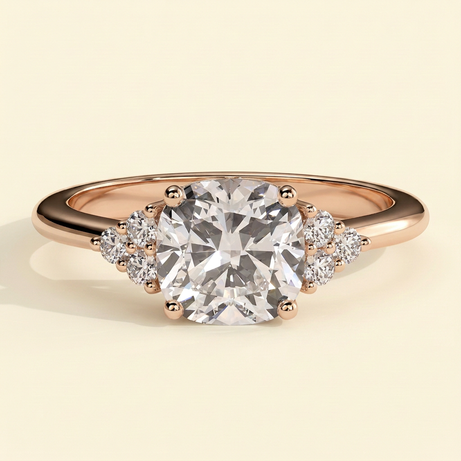The Starla - Cushion Cut Lab Grown Diamond Four Claw Low Set Solitaire with Round Side Stones Engagement Ring - Rose Gold