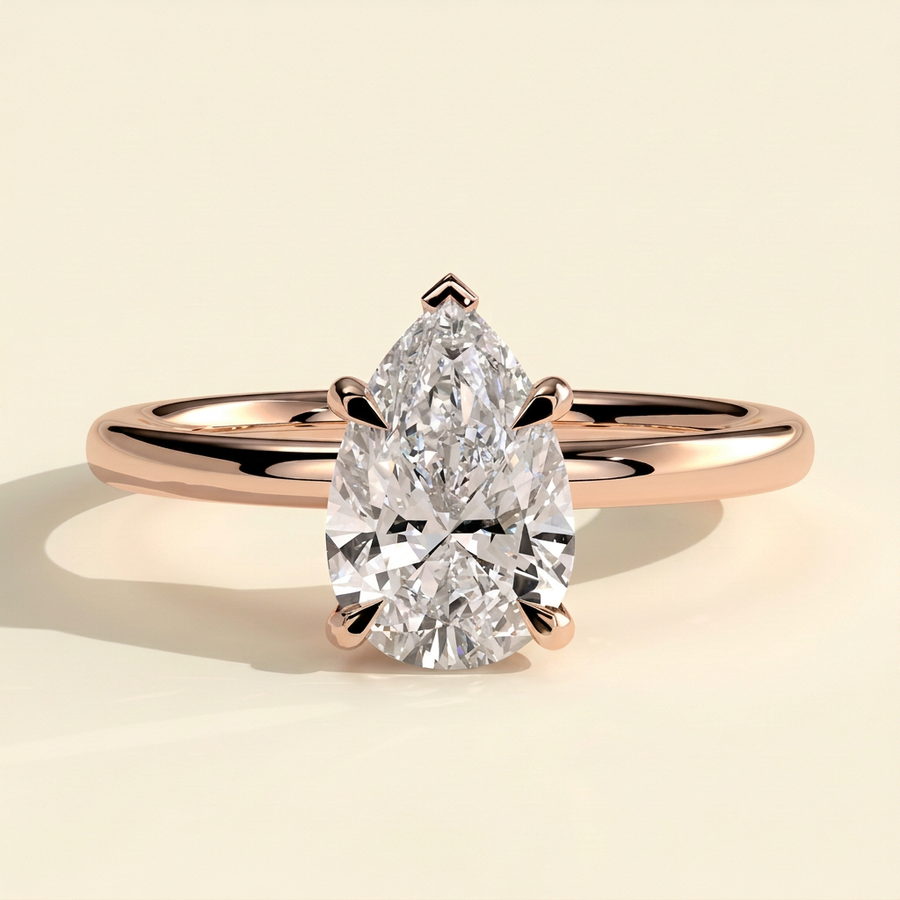 The Juna - Pear Cut Lab Grown Diamond Five Claw Low Set Solitaire with Hidden Halo Engagement Ring - Rose Gold