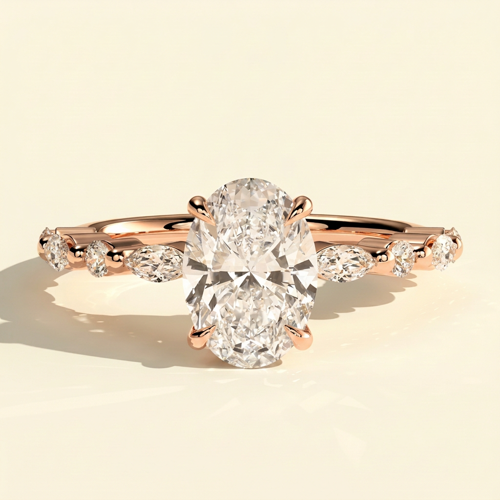 The Emira - Oval Cut Lab Grown Diamond Solitaire with Marquise and Round Accent Stones Ring