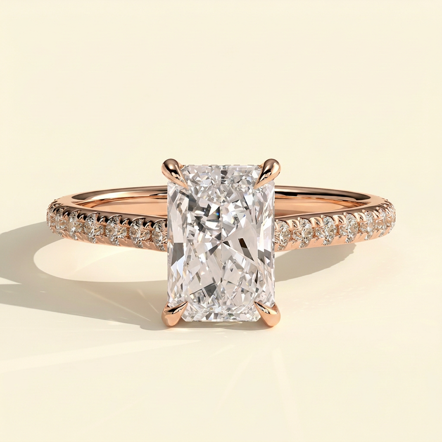 The Della - Radiant Cut Lab Grown Diamond Cathedral Solitaire with Hidden Halo and Pave Band Engagement Ring - Rose Gold