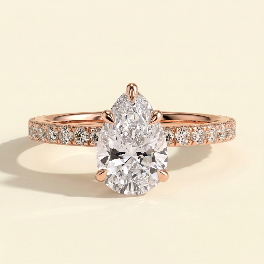The Vita - Pear Cut Lab Grown Diamond Hidden Halo Engagement Ring with Pave Band - Rose Gold