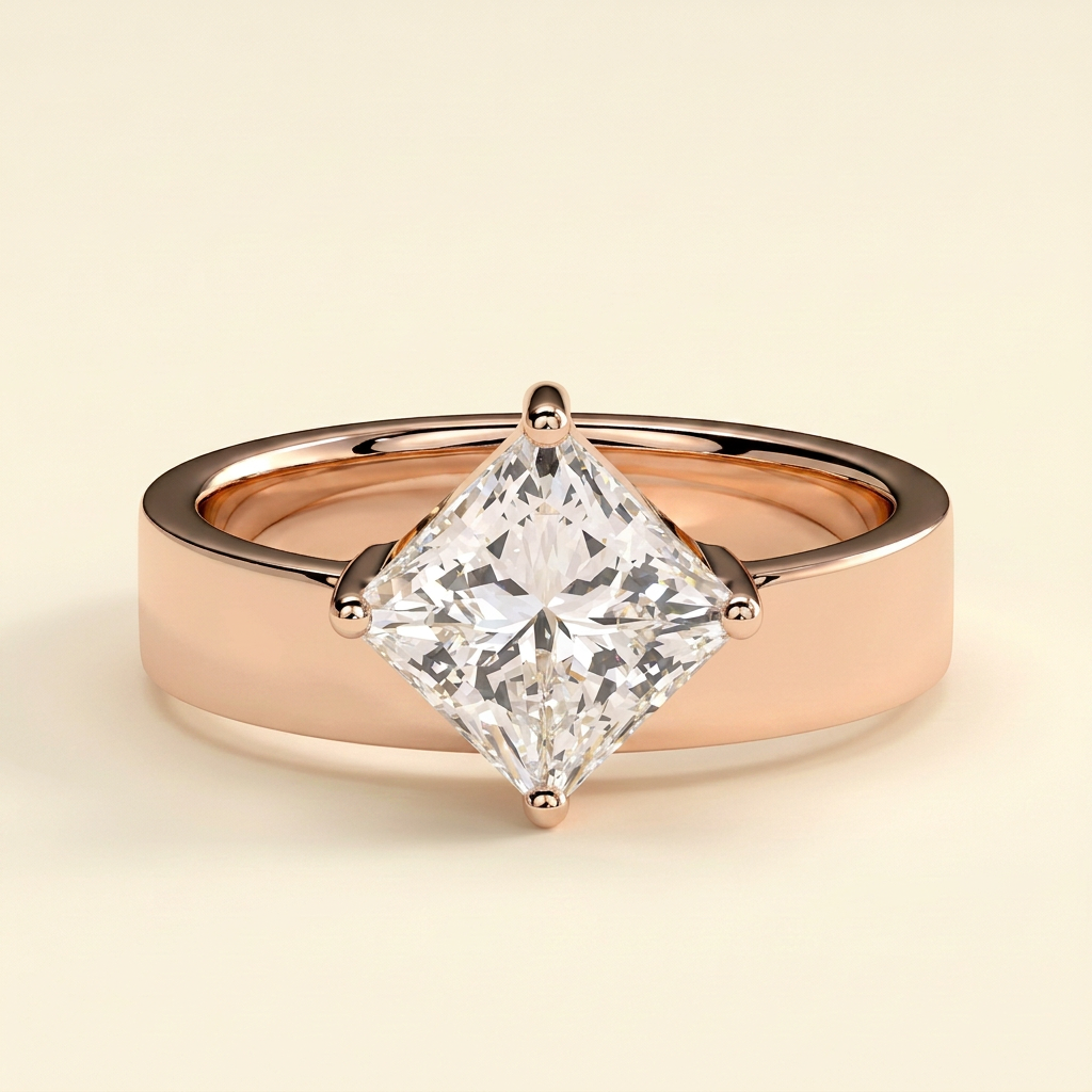 The Elodie - Princess Cut Lab Grown Diamond Solitaire Set on Point with Bold Cigar Band Engagement Ring