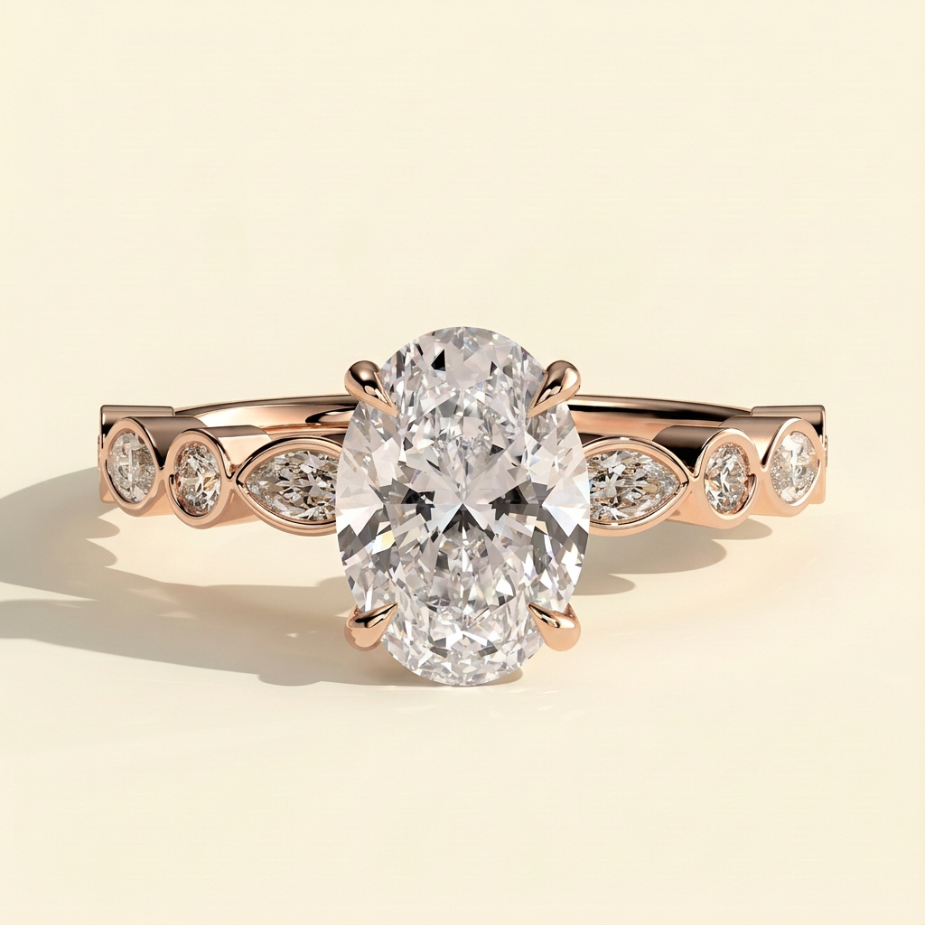 The Selina - Oval Cut Lab Grown Diamond Four Claw Solitaire with Bezel Set Round and Marquise Accent Stones Engagement Ring