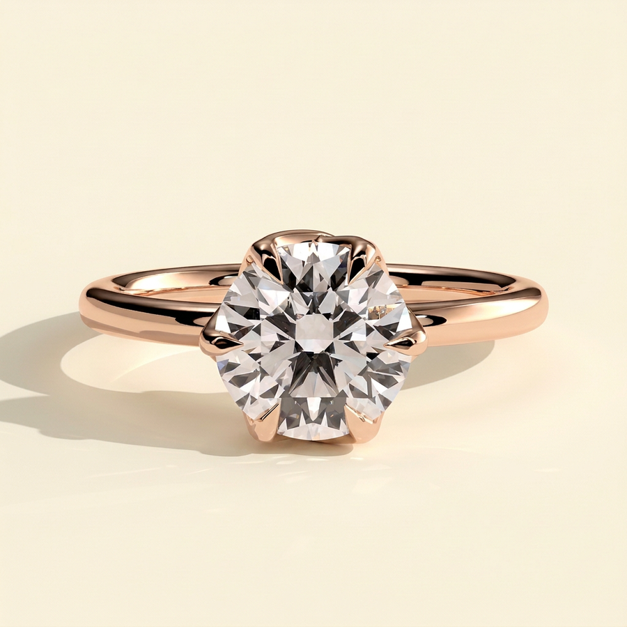 The Brielle - Round Cut Lab Grown Diamond Crossover Claw Solitaire with Rose Petal Gallery Engagement Ring