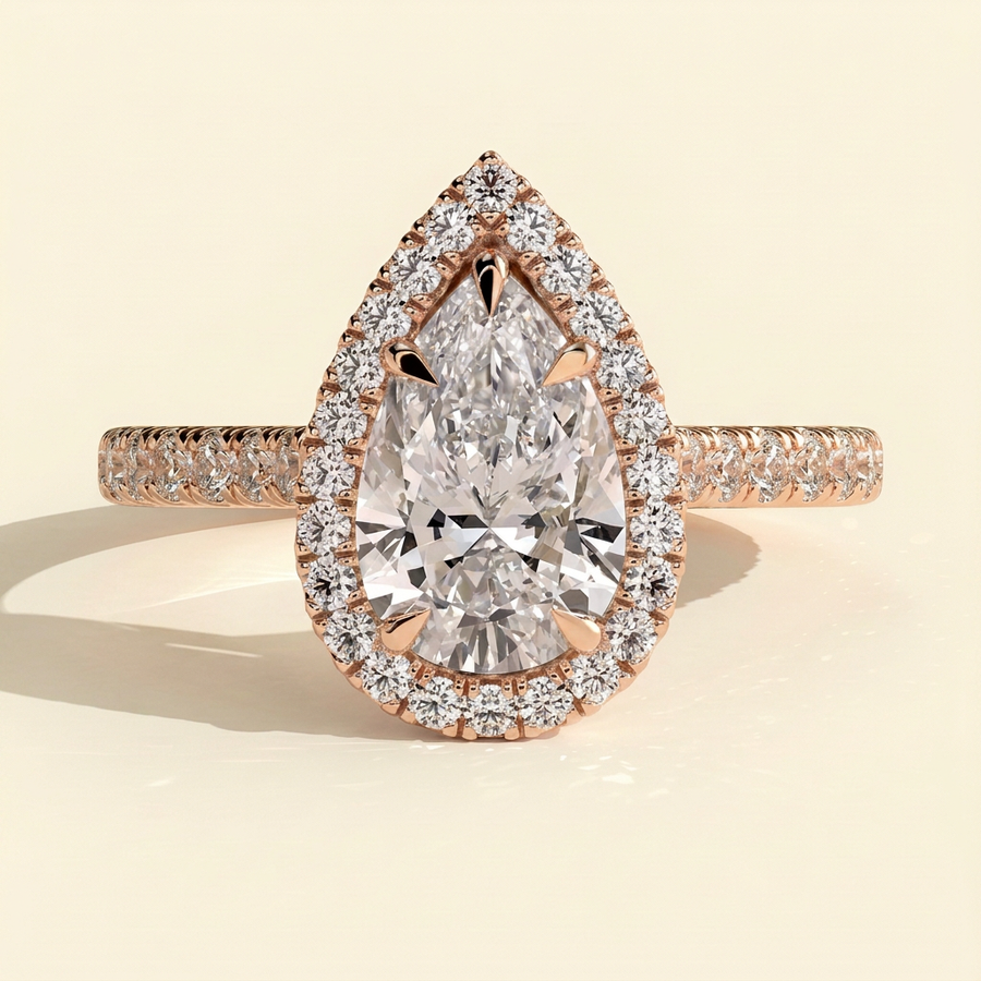 The Ines - Pear Cut Lab Grown Diamond Five Claw Halo with Pave Band Engagement Ring - Rose Gold