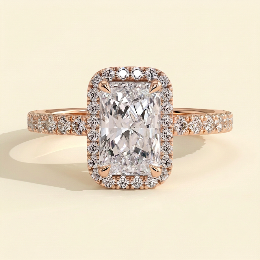 The Ezara - Radiant Cut Lab Grown Diamond Solitaire with Halo and Pave Band Engagement Ring - Rose Gold