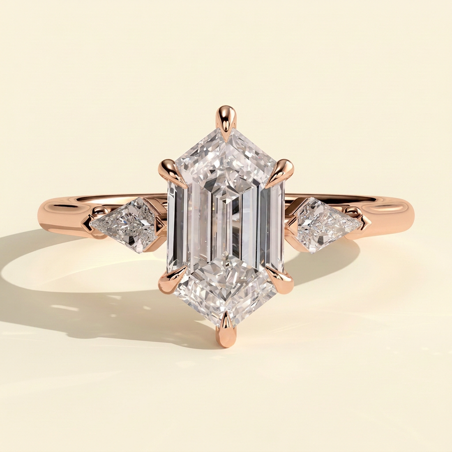 The Lavelle - Elongated Hexagon Cut Lab Grown Diamond Three Stone Engagement Ring with Kite Side Stones - Rose Gold