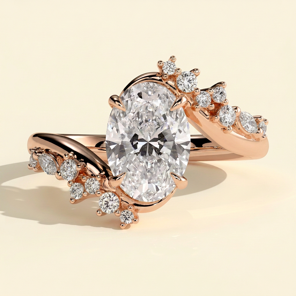 The Lelia - Oval Cut Lab Grown Diamond Bypass Band Engagement Ring with Accent Clusters