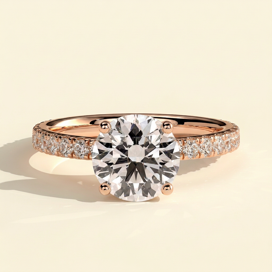 The Elena - Round Cut Lab Grown Diamond Solitaire with Hidden Halo and Pave Band Engagement Ring - Rose Gold