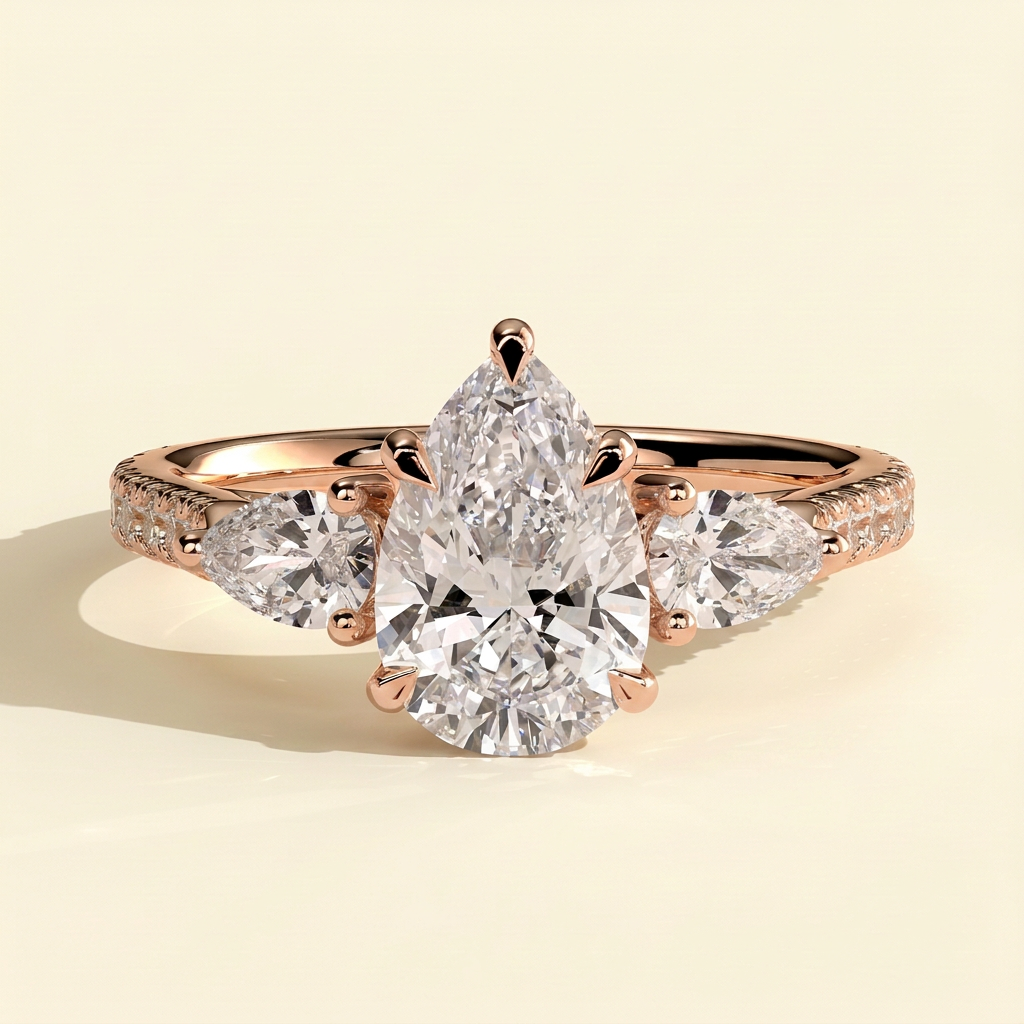 The Sirena - Pear Cut Lab Grown Diamond Three Stone with Pear Side Stones and Cathedral High Setting Engagement Ring