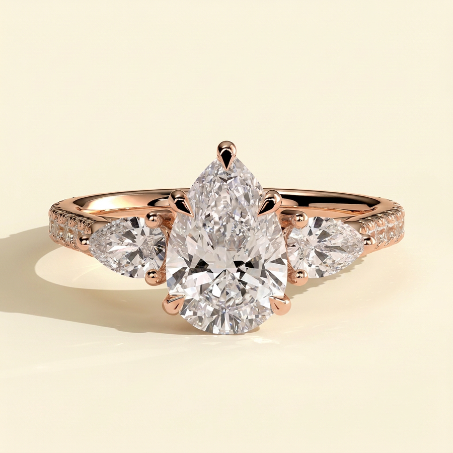 The Sirena - Pear Cut Lab Grown Diamond Three Stone with Pear Side Stones and Cathedral High Setting Engagement Ring - Rose Gold