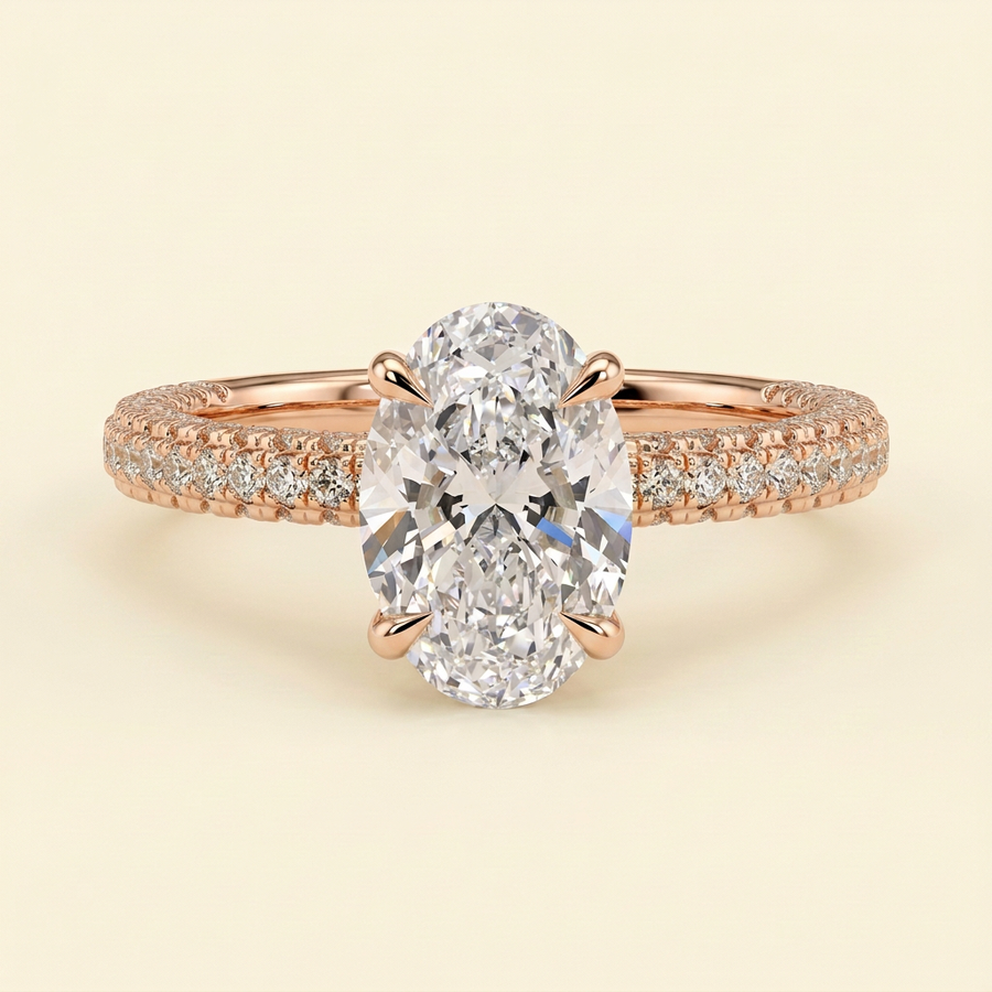 The Nella - Oval Cut Lab Grown Diamond Hidden Halo Solitaire with Triple Pave Band Engagement Ring - Rose Gold