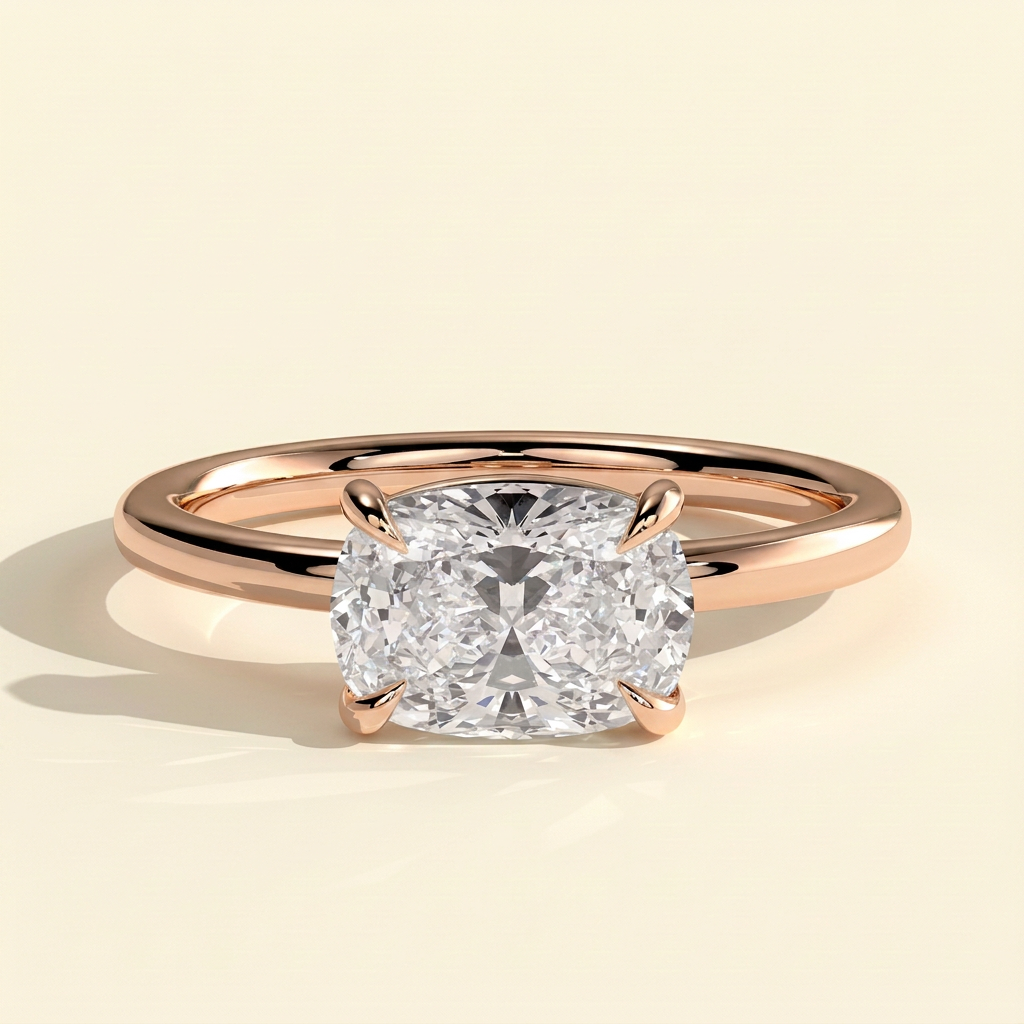 The Veluna - Elongated Cushion Cut Lab Grown Diamond East West Solitaire Ring with Scooped Basket