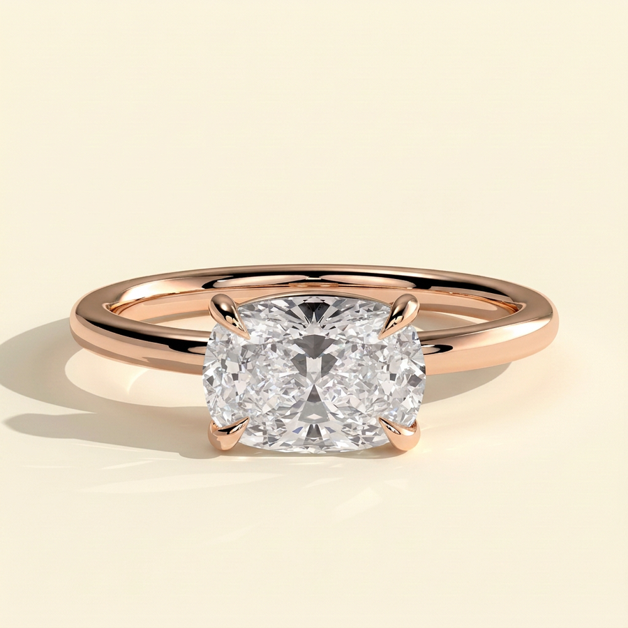 The Veluna - Elongated Cushion Cut Lab Grown Diamond East West Solitaire Ring with Scooped Basket - Rose Gold